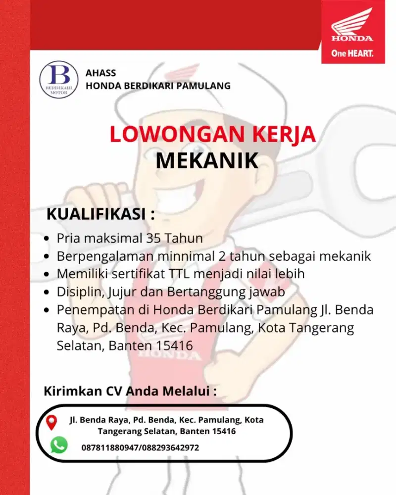 Loker Mekanik AHASS Berdikari Pamulang