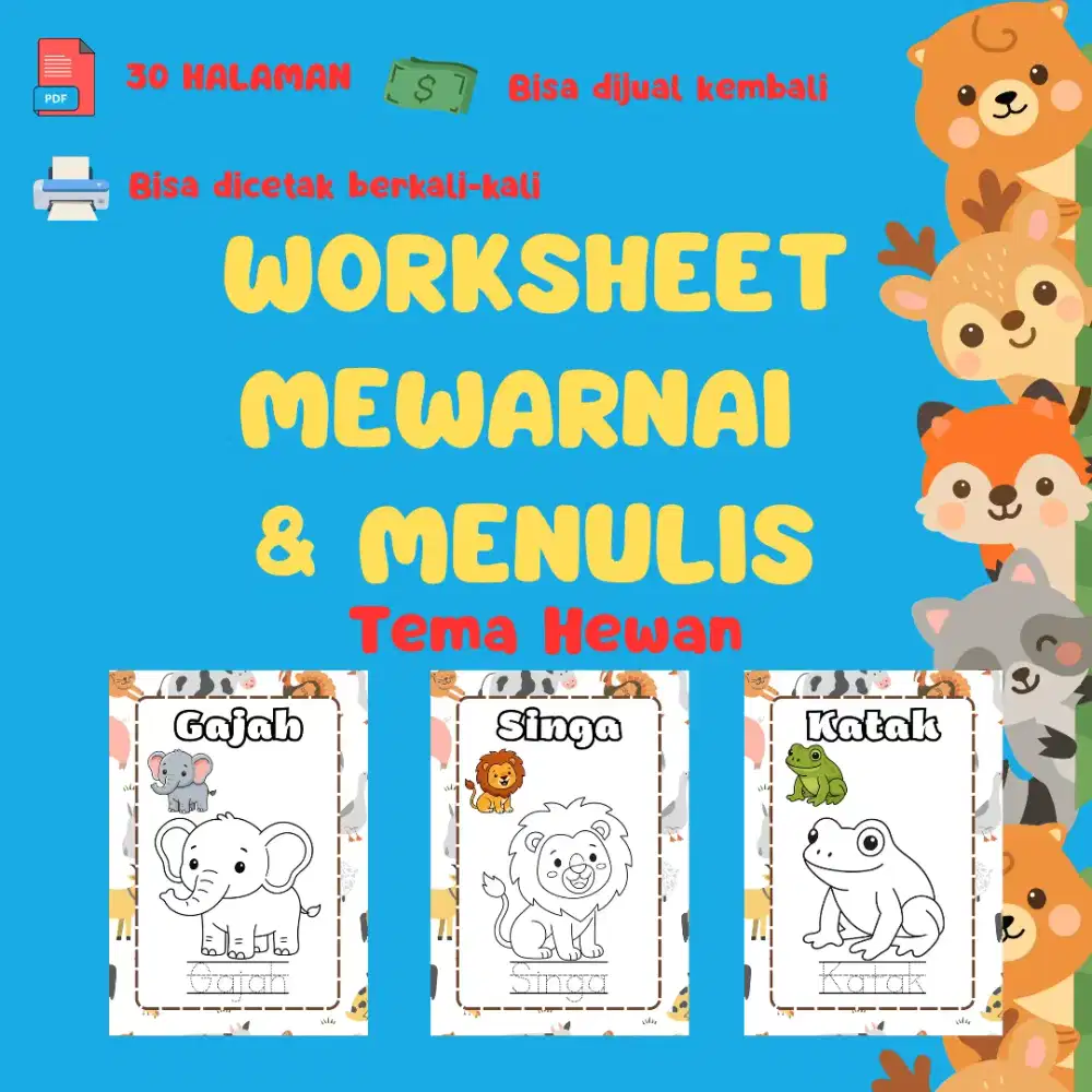 Worksheet Mewarnai dan Menulis Anak Tema Hewan