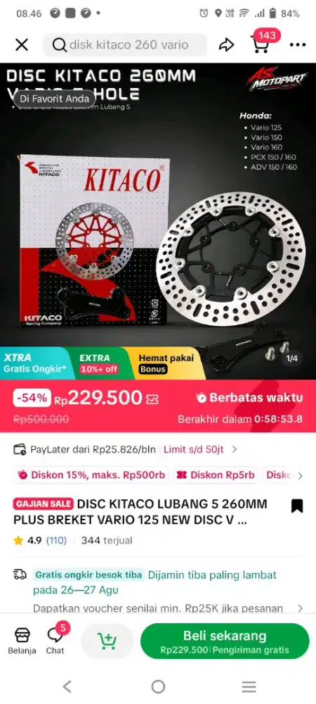 Jual Disc Kita coba lubang 5 260MM Plus Breket Dan selang Rem
