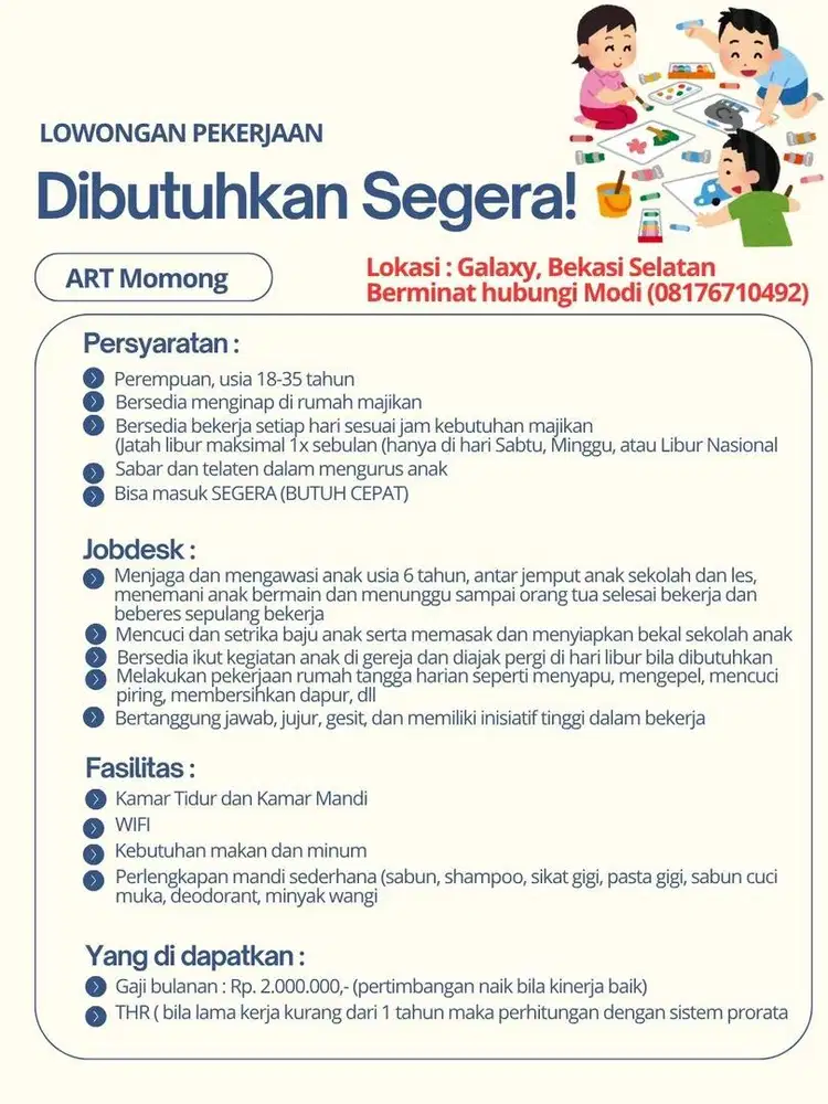 MAJIKAN LANGSUNG! LOWONGAN ART MOMONG ANAK 6 TAHUN