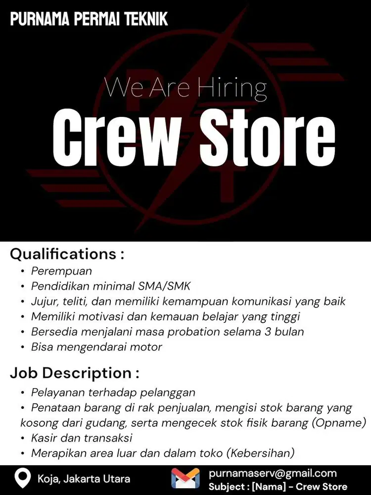 DIBUTUHKAN SEGERA - CREW STORE - ELECTRONIC PARTS