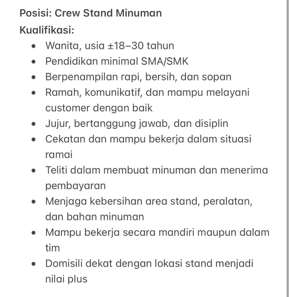 Dicari Crew Stand Minuman