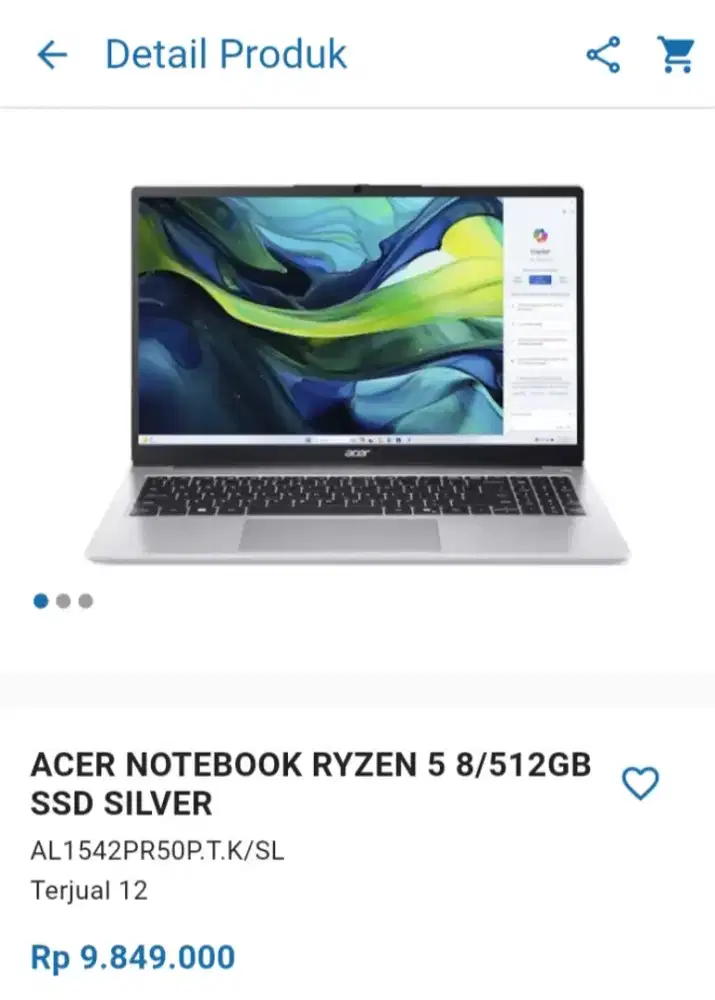 CICILAN ACER NOTEBOOK RYZEN 5 8/512GB SSD SILVER
