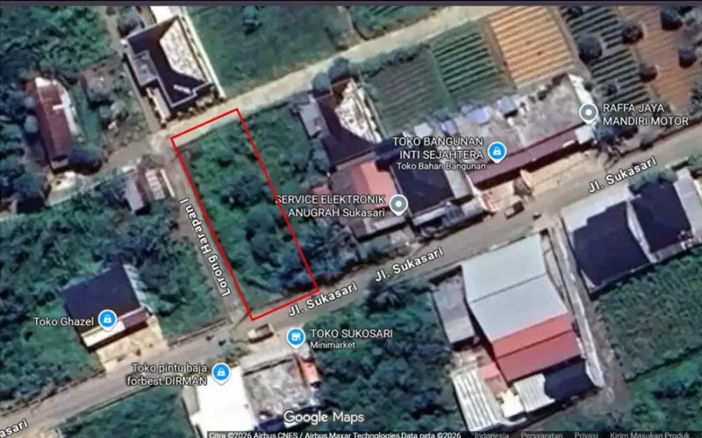 Tanah Hook ±600 m² pinggir jl sukasari - akses 2 jalan, strategis