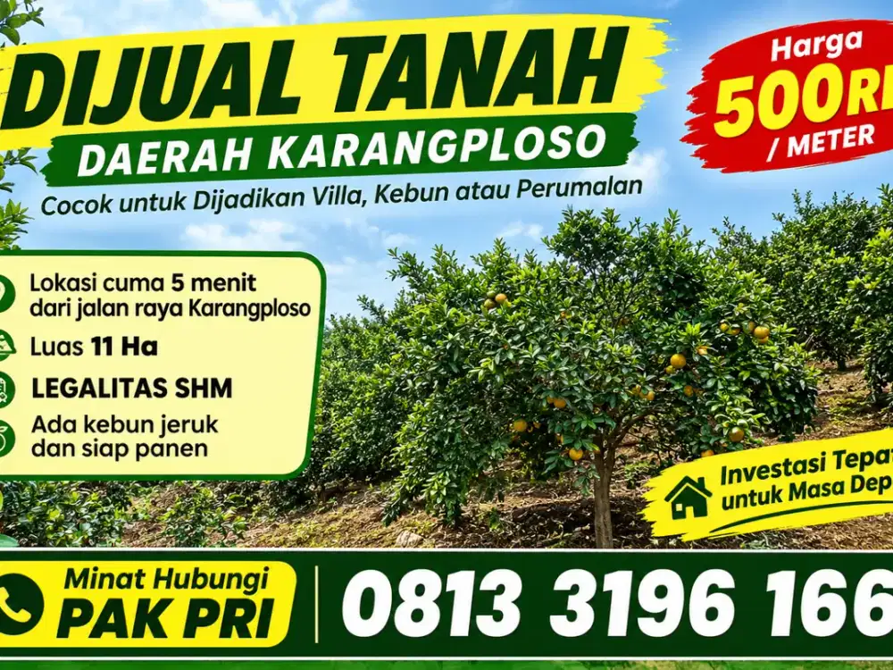 Tanah Investasi 11 Ha di Karangploso Malang - 5 Menit dari Jalan Raya (SHM)
