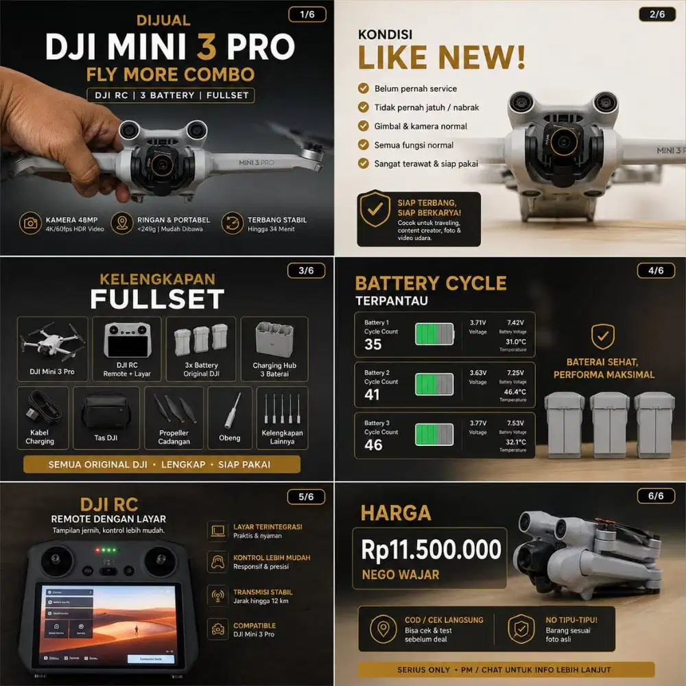 DIJUAL DRONE DJI MINI 3 PRO RC COMBO 3 BATERAI LIKE NEW MILIK SENDIRI