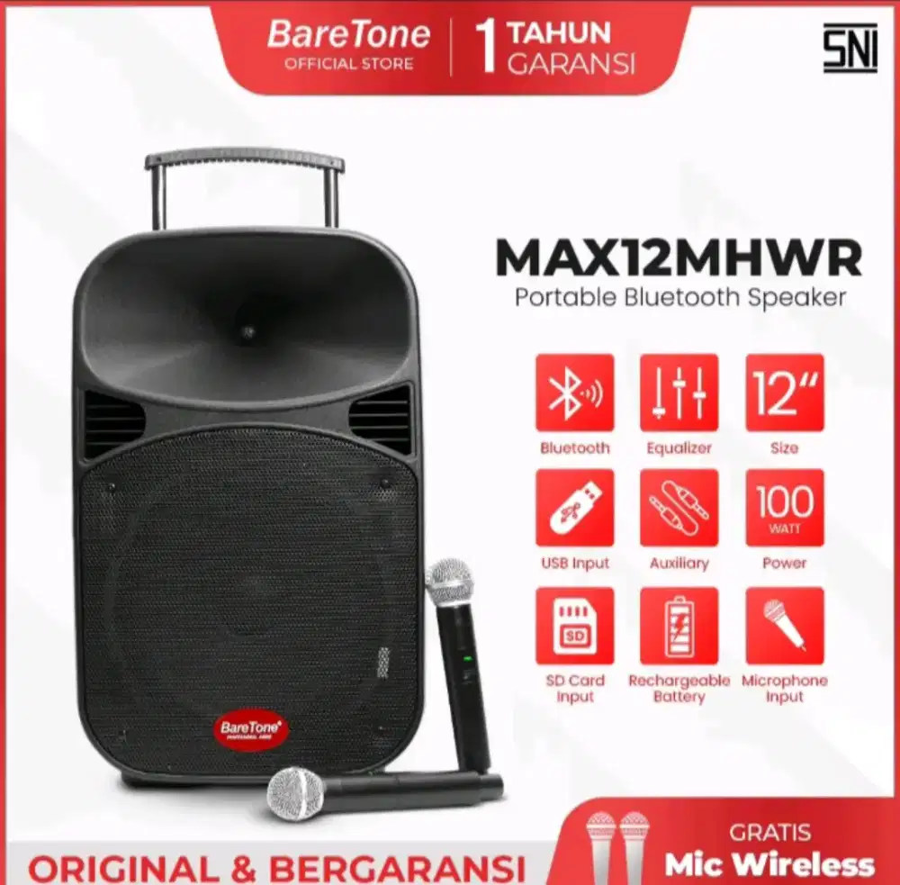 Speaker portable Baretone max12mhwr bluetooth 12 inch