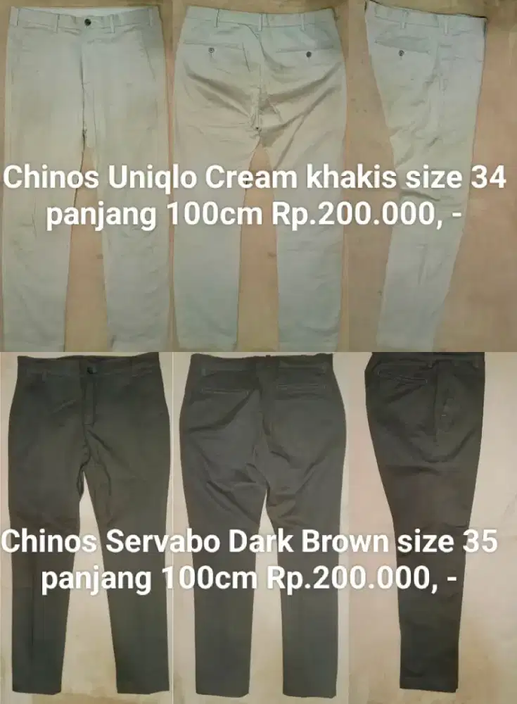 Celana panjang chinos Uniqlo cream khakis 34 & servabo brown 35