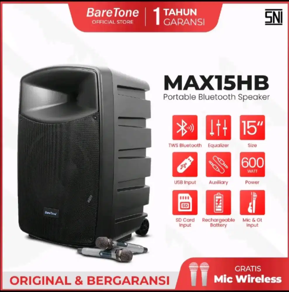 Speaker portable Baretone max15hb bluetooth 15 inch 600 Watt