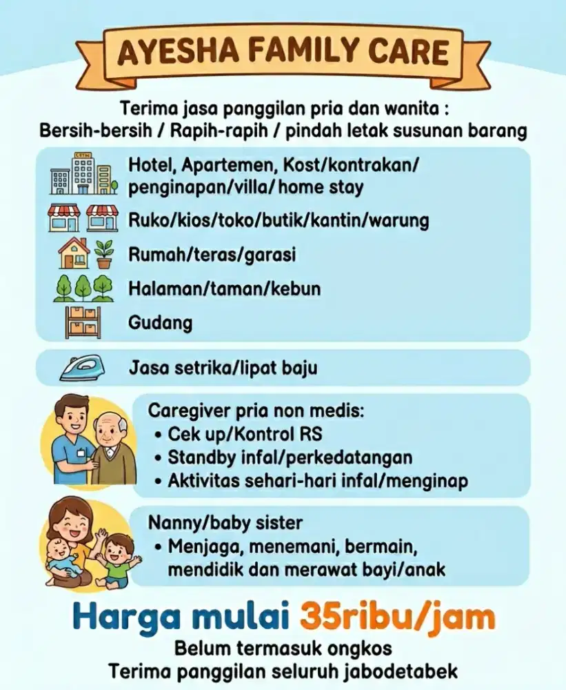 Jasa panggilan pria dan wanita cleaning, caregiver, nanny