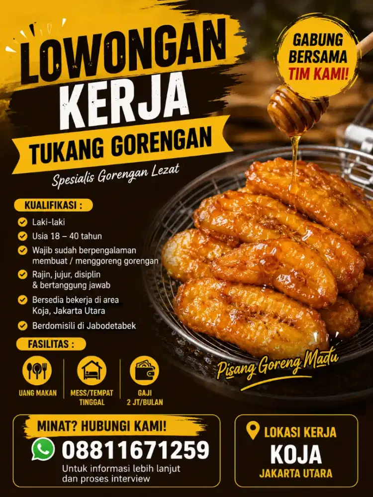 Lowongan Tukang Gorengan Berpengalaman – Gaji 2 Juta+Uang Makan + Mess