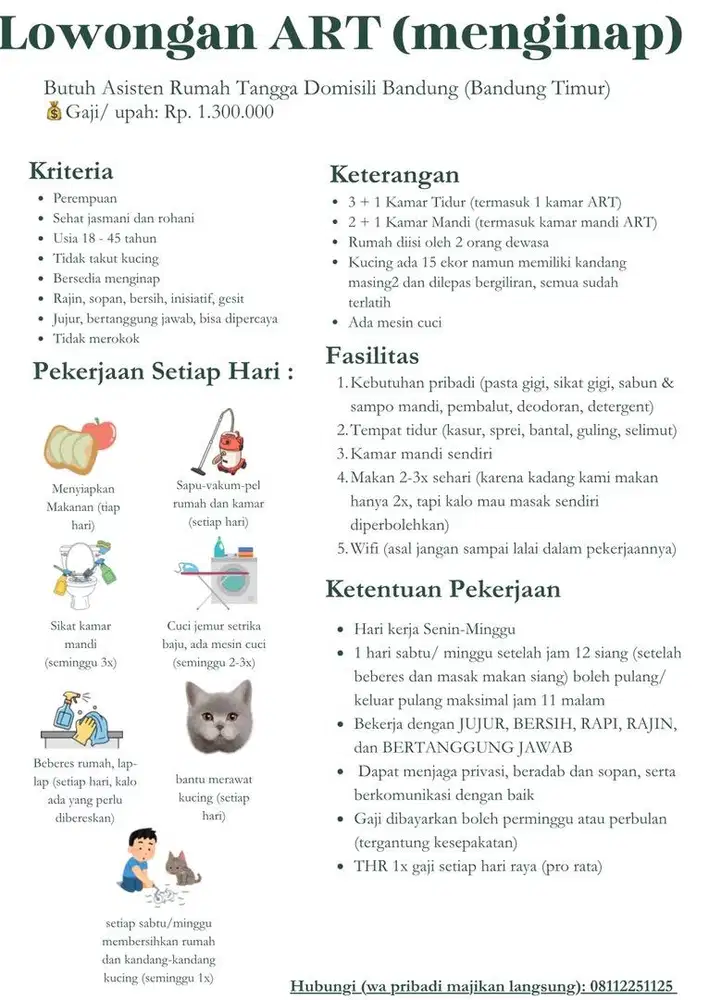 Dicari ART/Asisten Rumah Tangga/pembantu MENGINAP
