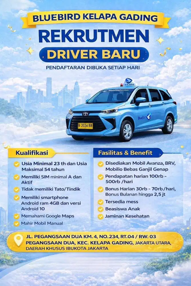 Lowongan Kerja Driver Taxi Bluebird Pool Kelapa Gading