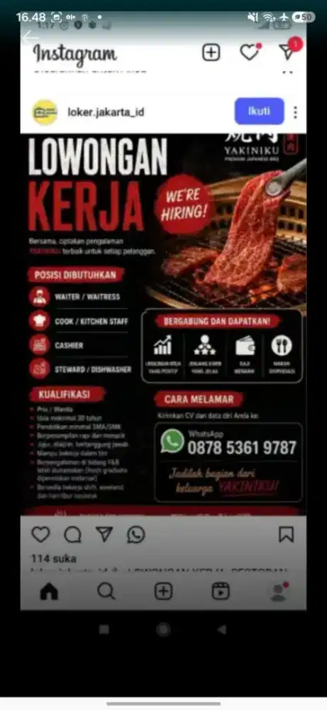 Lowongan kerja Kasir dan Waiters