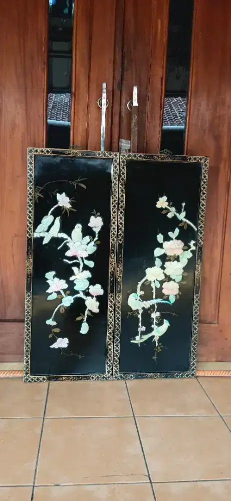Lukisan kerang china oriental sepasang original tua