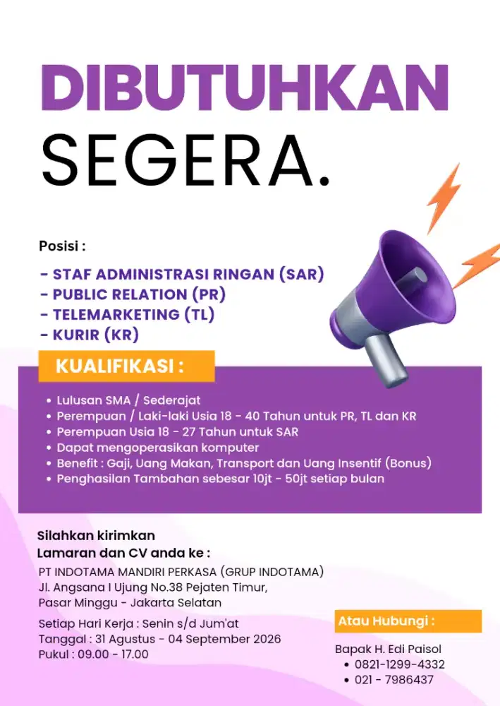 DIBUTUHKAN SEGERA !!!