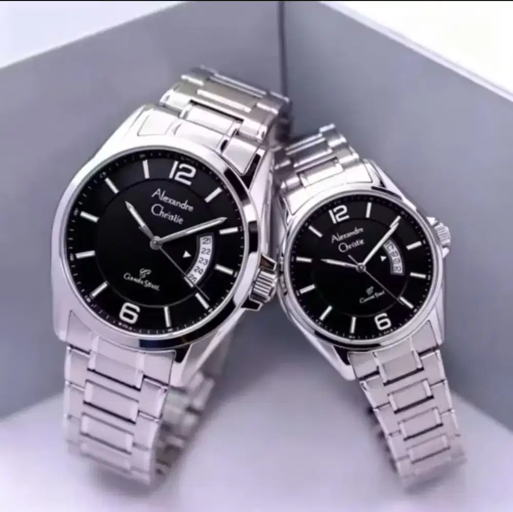 Jam tangan couple Alexandre Christie original ac 8684 silver black