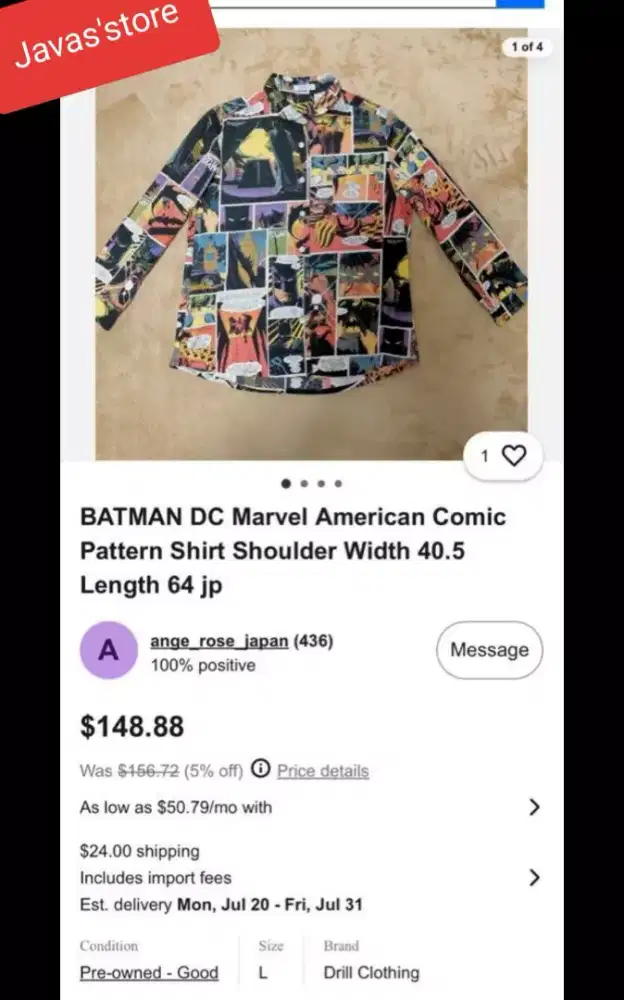 kemeja/baju vintage Batman DC comic @1989