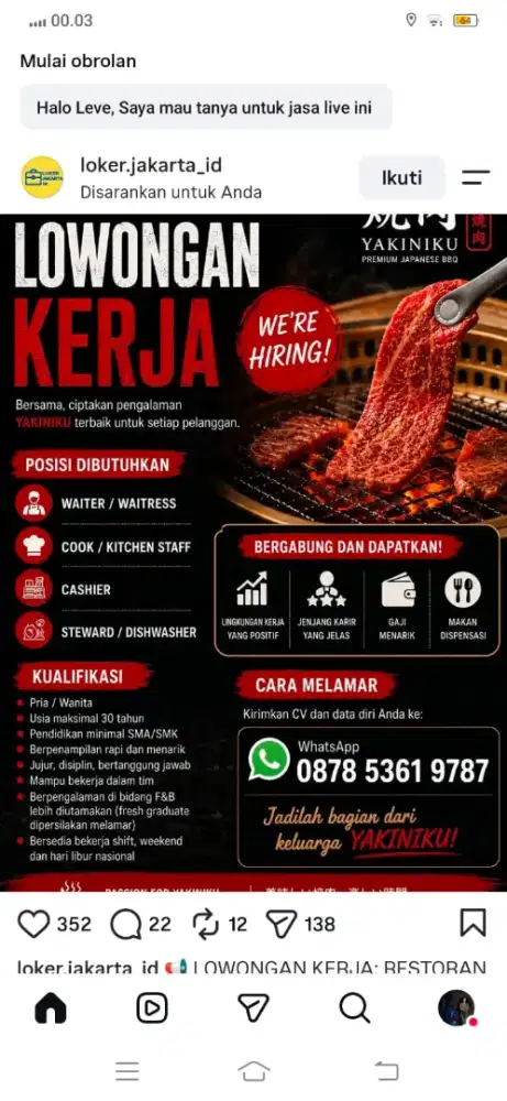 Lowongan kerja kasir dan waiters