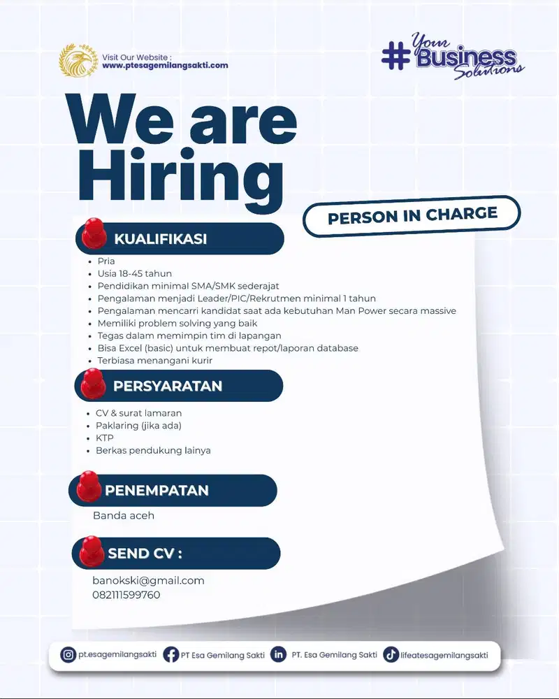 Loker PIC sprinter/kurir Aceh Area
