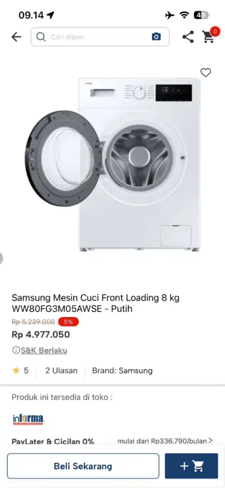 SAMSUNG MESIN CUCI FRONT LOADING 8KG WW80FG3M05AWSE