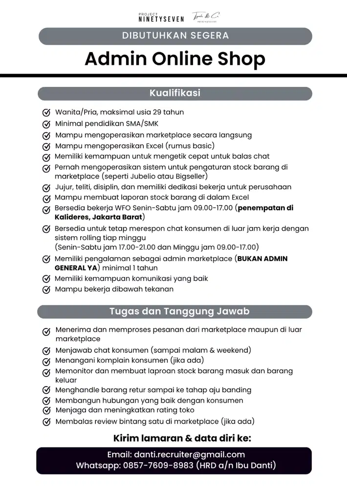 LOKER ADMIN ONLINE SHOP (KALIDERES, JAKARTA BARAT)