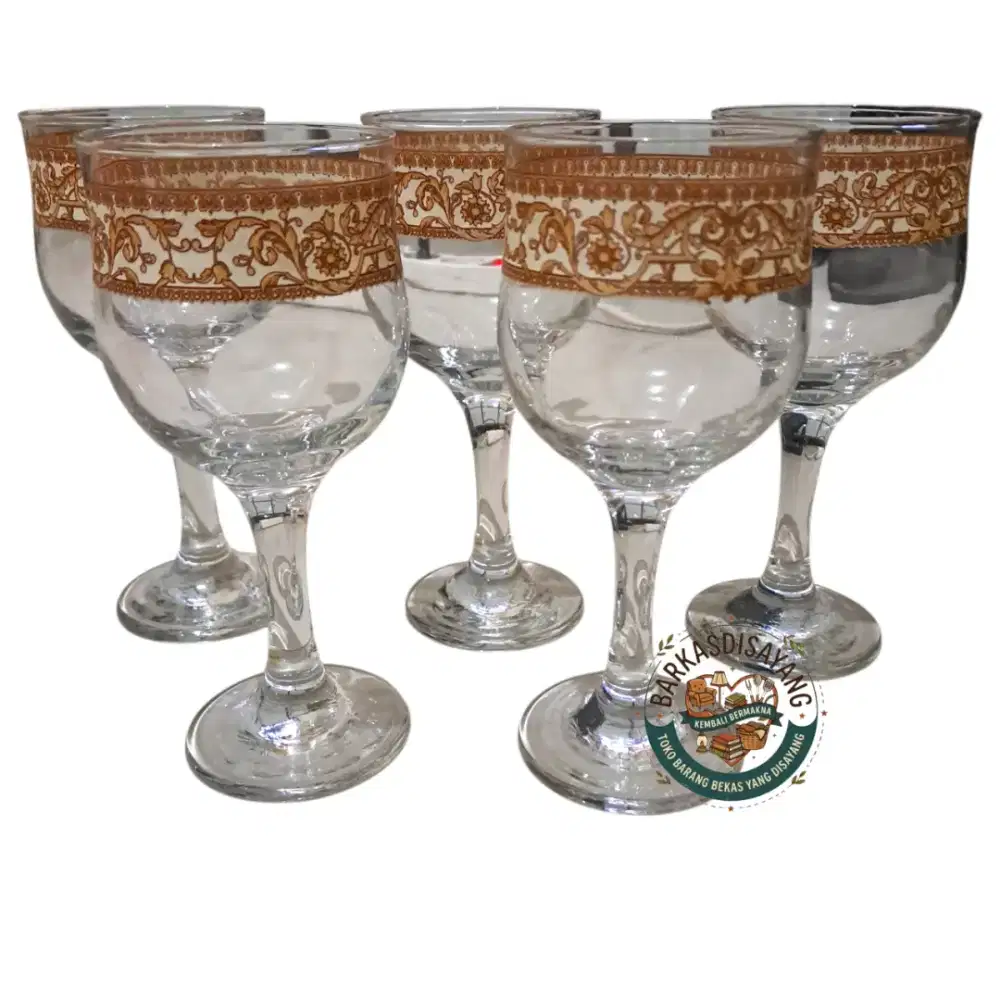 LIKE NEW GELAS KACA KAKI TINGGI GELAS WINE MOTIF BATIK 5 PCS