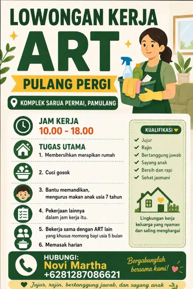 Loker ART Pulang Pergi, Sarua Permai, Pamulang