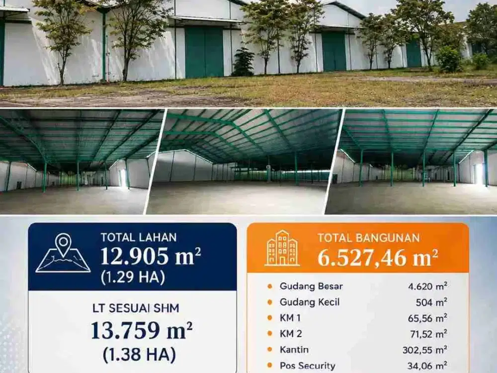 Jual Gudang EX Pabrik Siap Pakai Di Kertosono, Nganjuk

LT 12.905 m² ( 1.29ha)
LT Sesuai SHM 13.759 m² ( 1.38ha)

Tanah 6.377, 38 m²
Lahan Kosong A = 1.024,18m²
Lahan Kosong B = 698,94 m²
Lahan Paving = 4.654,28 m²

Bangunan 6.527, 46 m²
Gudang Besar 4.62