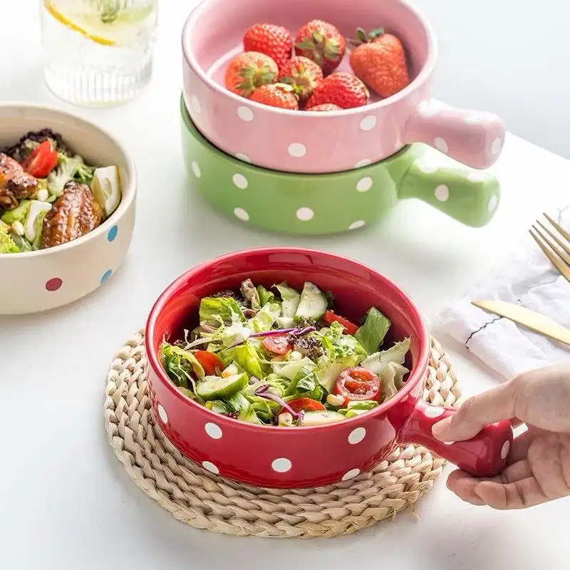 Mangkuk bowl Keramik Besar Polkadot Gagang Gaya Nordik / Nordic Style