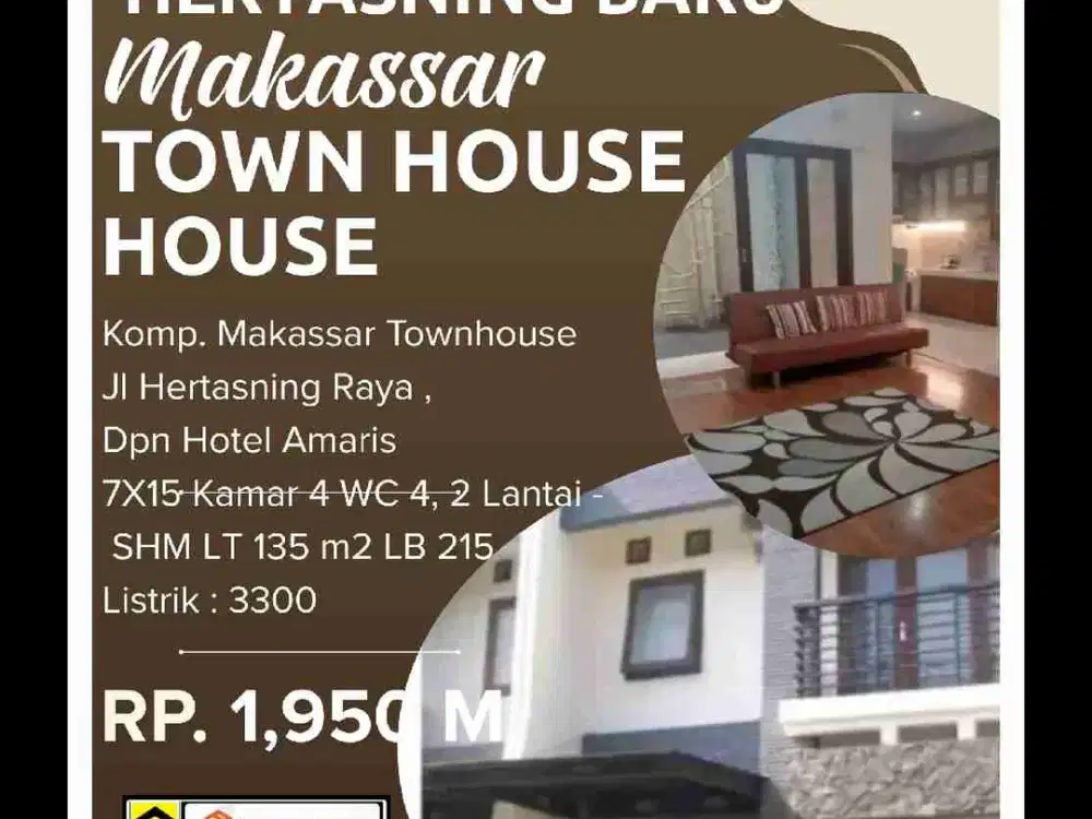 Komp. Makassar Townhouse 
Jl Hertasning Raya , dpn Hotel Amaris
7X15
Jumlah kamar : 4
Jumlah WC : 4
2 Lantai - SHM
Ukuran tanah : 135 m2
Ukuran bangunan : 215
Listrik : 3300
Lama Bangunan 10 thn
Rp. 1.950 Mlyr
