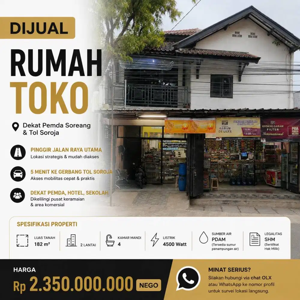 Jual Ruko Tanpa Perantara - 182m2 Dekat Pemda Soreang & Tol Soroja