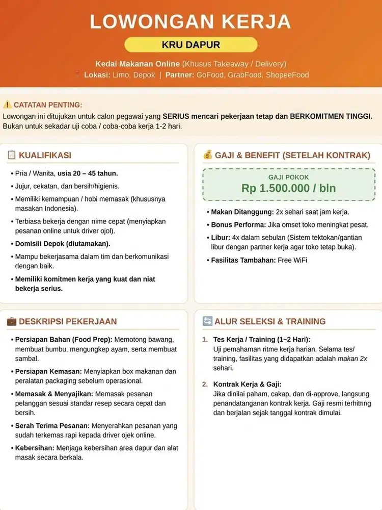 LOWONGAN KERJA Posisi KRU DAPUR Kedai Makanan Online ~Arumi Kitchen~