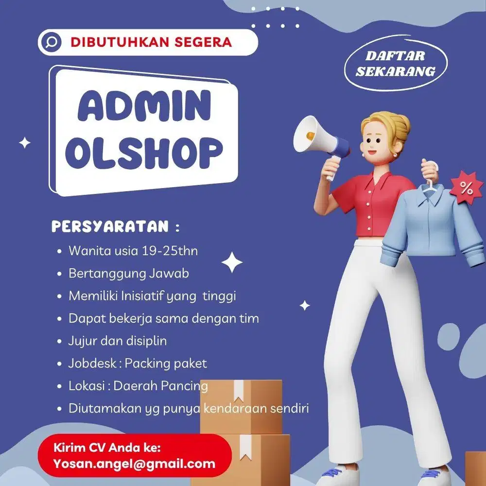 Dibutuhkan Segera Admin Packing Marketplace Lowongan kerja Wanita