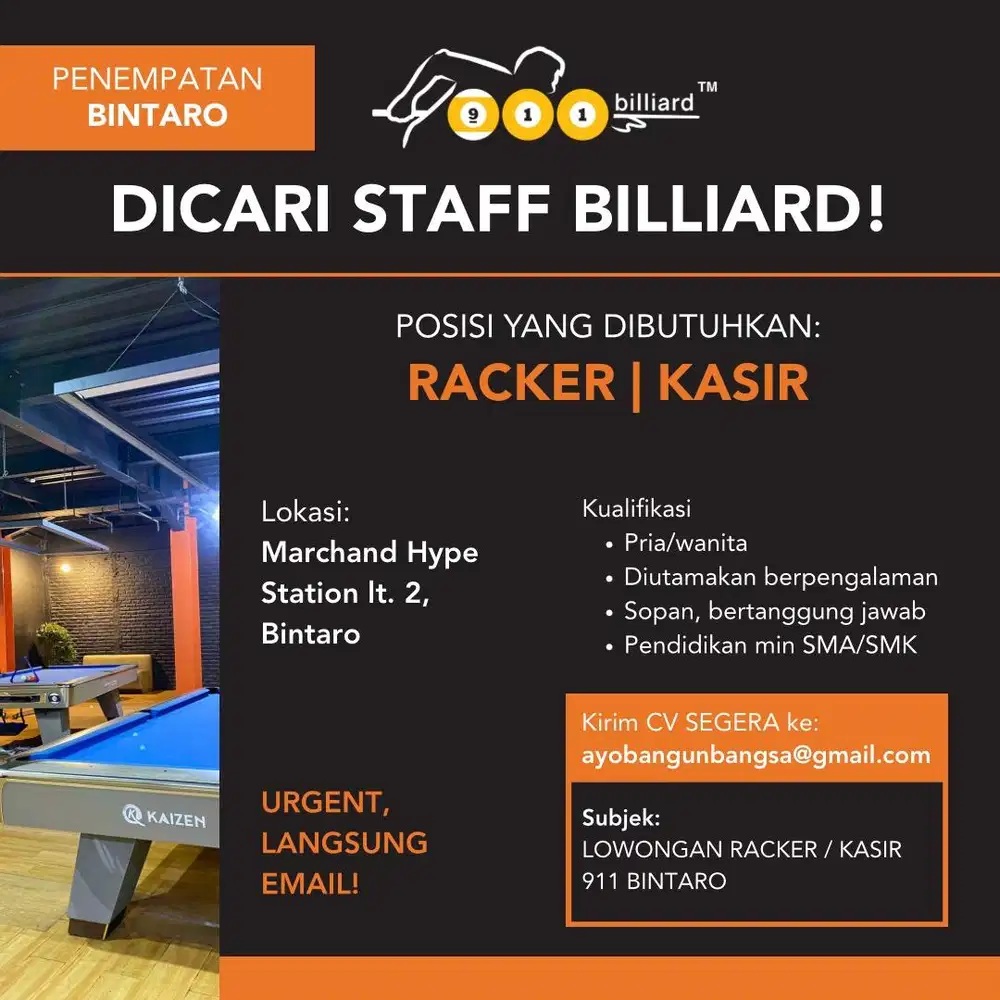 Lowongan Kerja Racker & Kasir 911 Billiard Bintaro