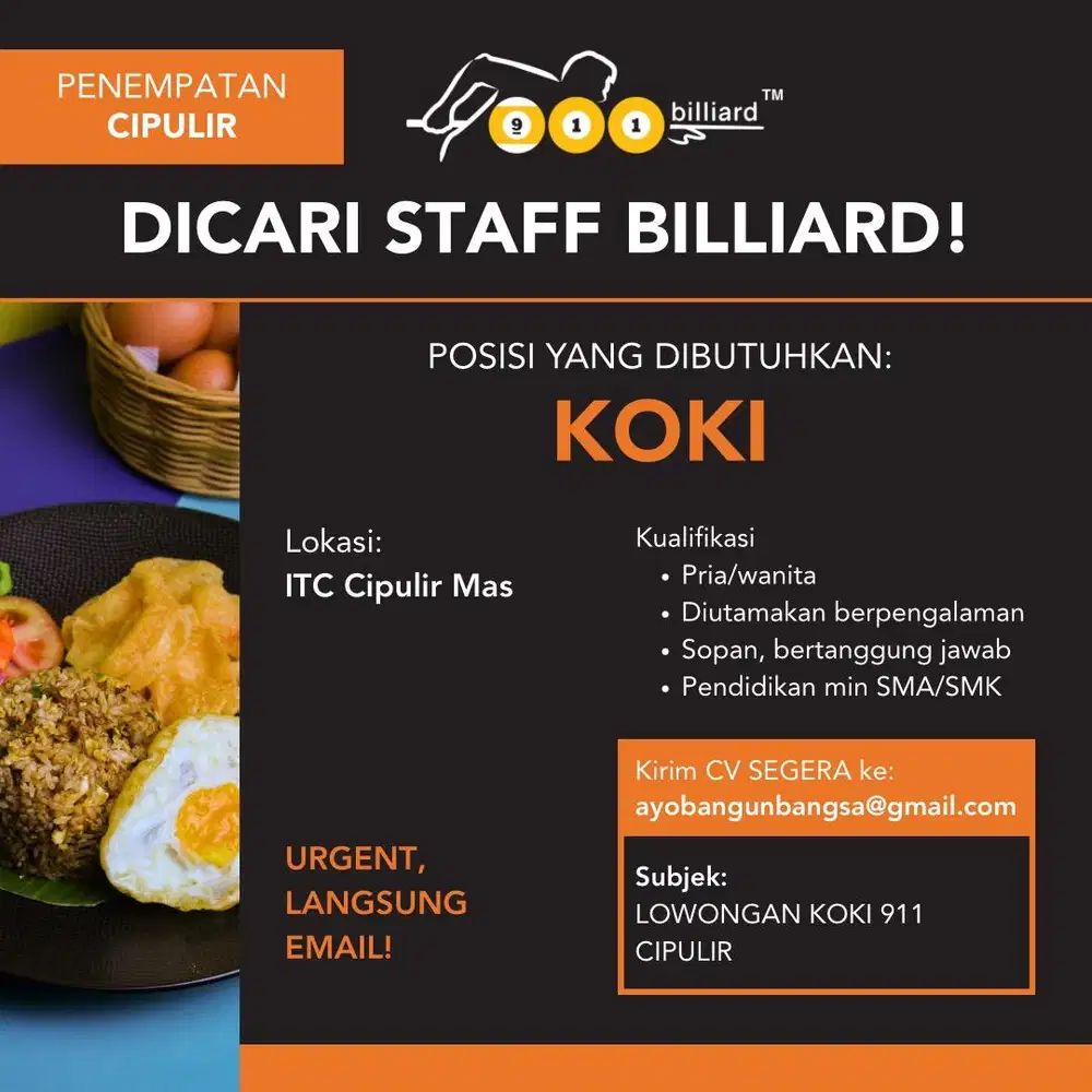 Lowongan Kerja Koki 911 Billiard Cipulir