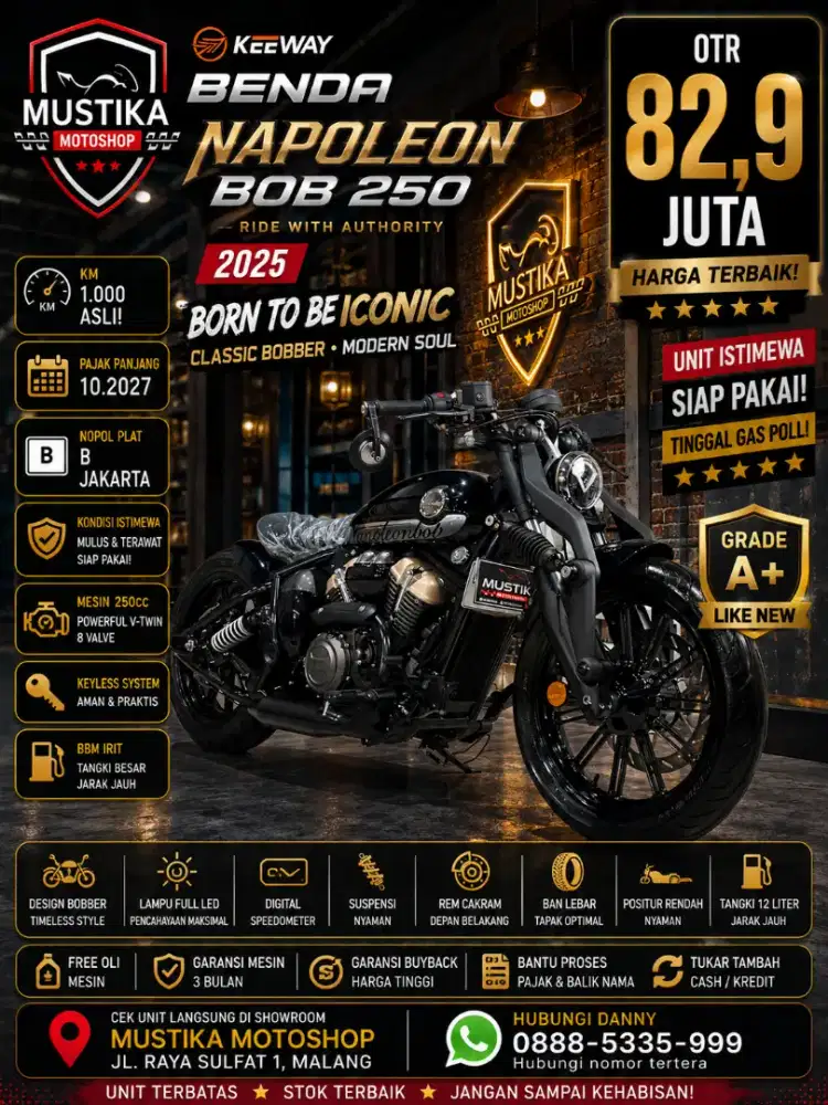 Km 1rb‼️Keeway Benda Napoleon Bob 250 2025. DANNY Mustika Motor Malang