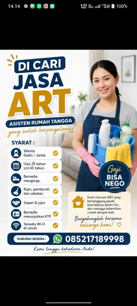Di Cari Asisten Rumah Tangga Nginap di Perumahan