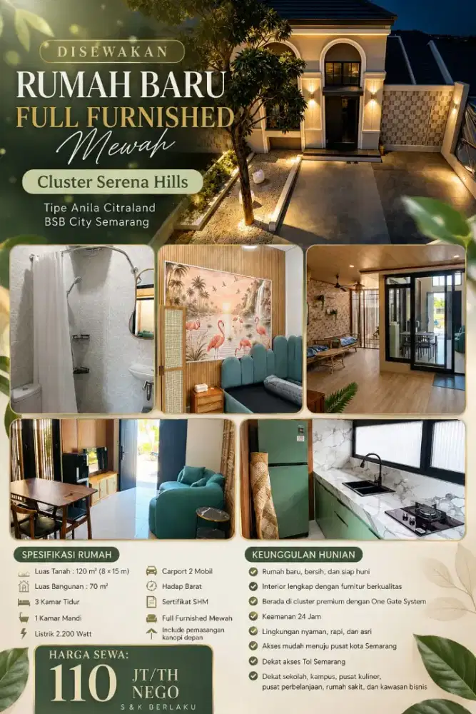 DISEWAKAN SERENA HILLS BSB CITY BARU FURNISHED MEWAH CEPAT SEGERA