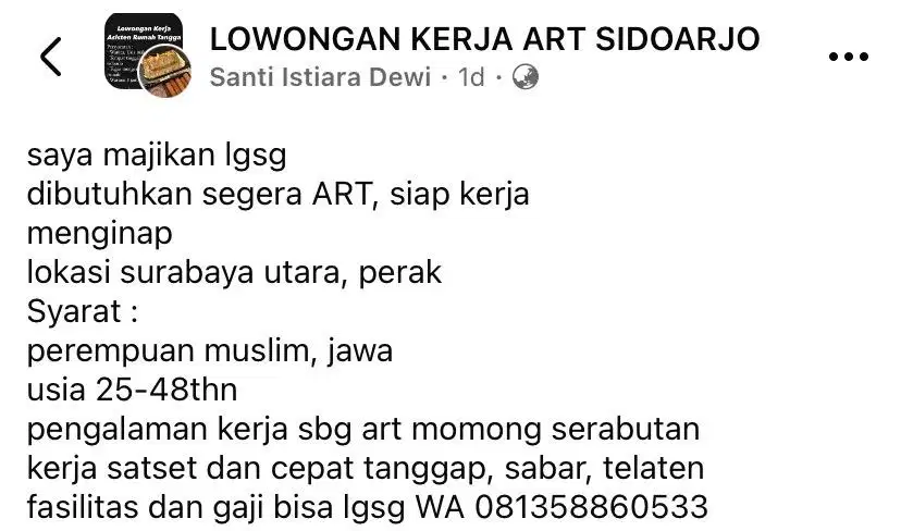 Dicari Segera ART Menginap