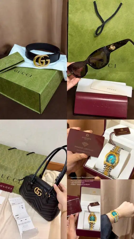 Tas gucci, belt gucci, kacamata gucci & jam tangan aigner