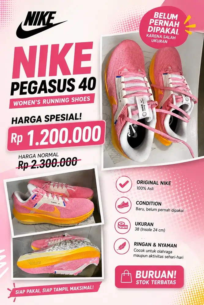 nike pegasus ukuran 38 insole 24
