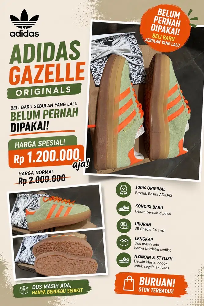 adidas gaselle ukuran 38 insole 24