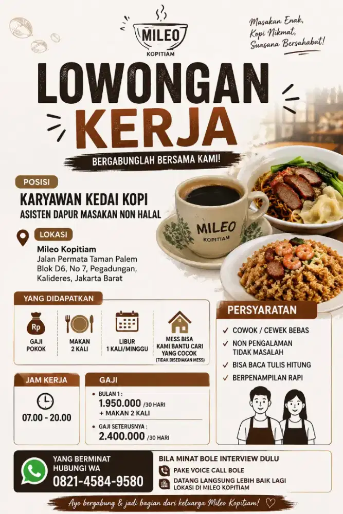 Loker Asisten Dapur Kedai Kopi Non Halal