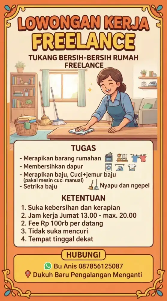 Lowker bersih2 rumah. Wanita