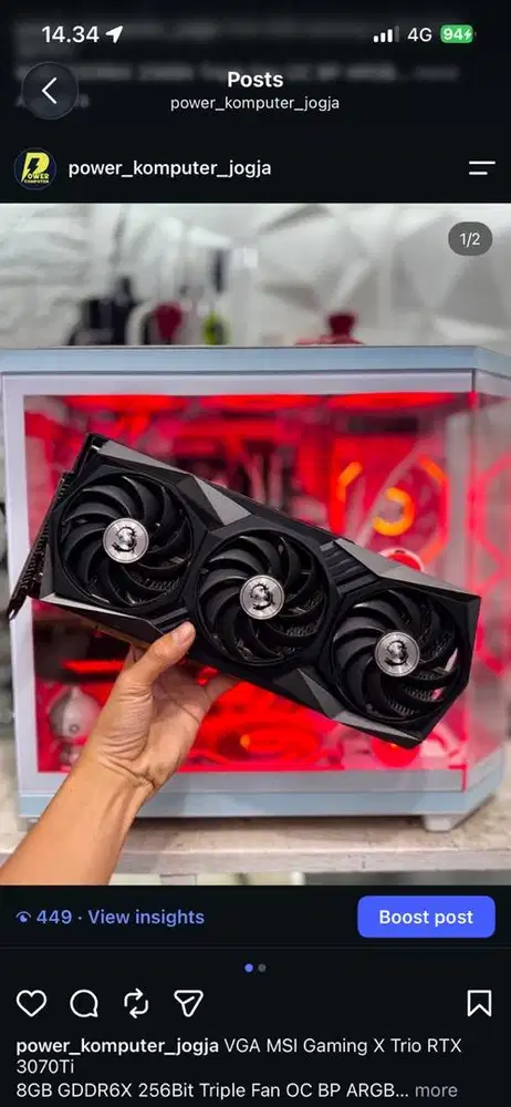 VGA MSI Gaming X RTX 3070Ti 8GB GDDR6X 256Bit Triple Fan OC Mulus