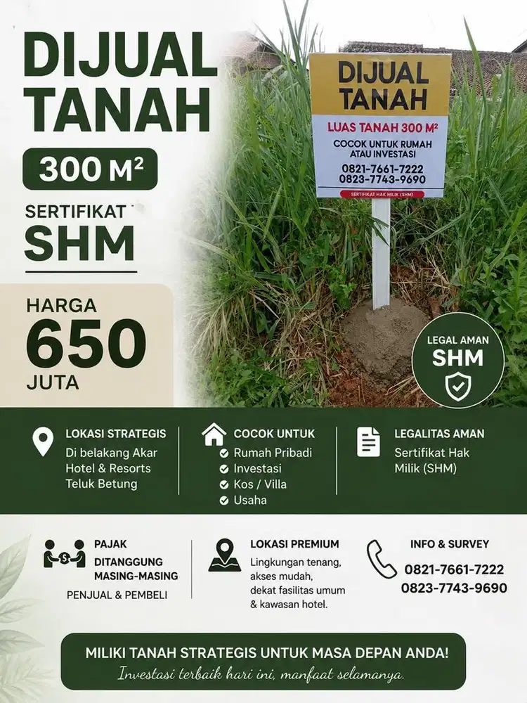 DIJUAL TANAH STRATEGIS 300M SHM, SIAP BANGUN DI BANDAR LAMPUNG.