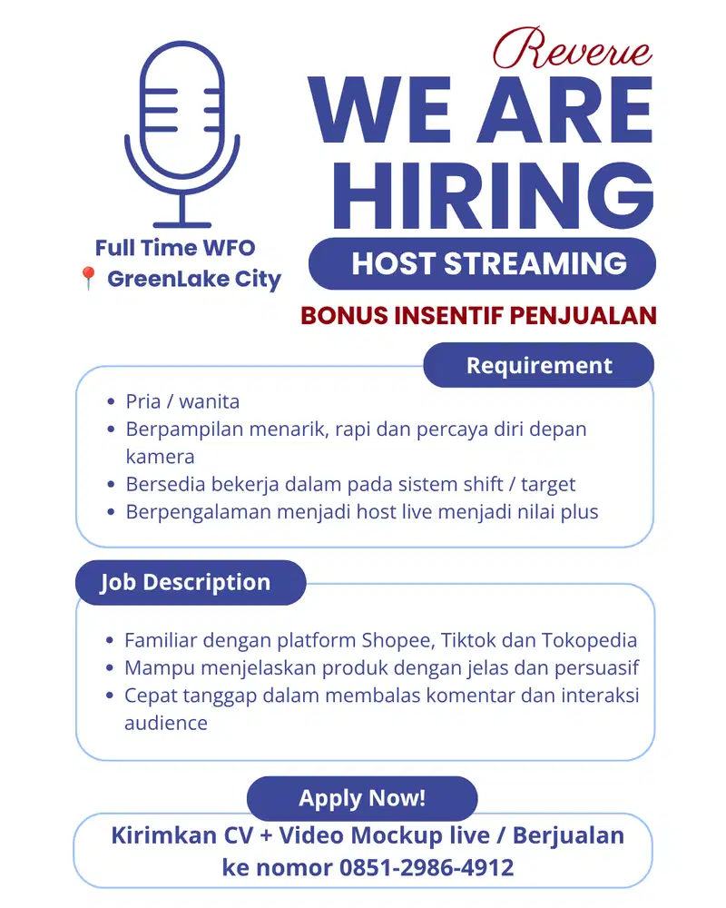 LOWONGAN HOST LIVE STREAMING BIDANG FASHION DI CIPONDOH