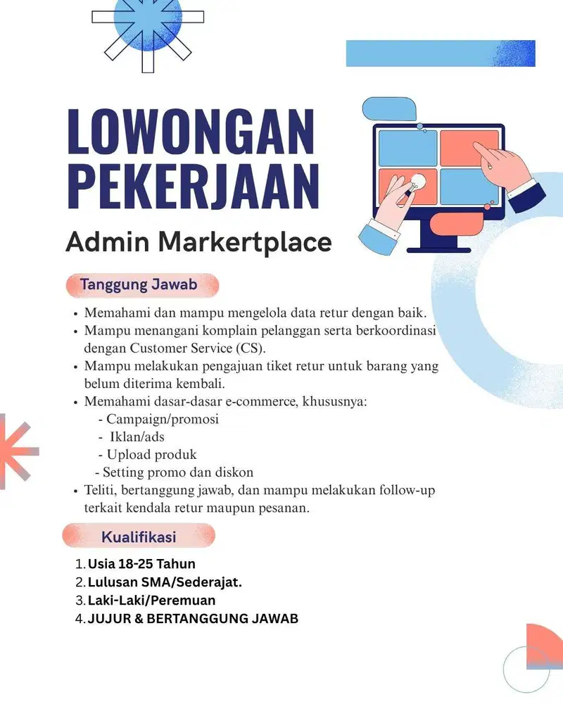DICARI ADMIN MARKETPLACE - LOWONGAN PEKERJAAN ADMIN MARKETPLACE