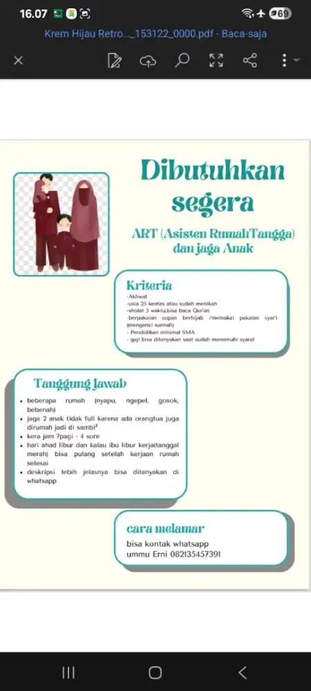 dibutuhkan pekerja ART dan Jaga Anak di utamakan bisa membaca Al-quran